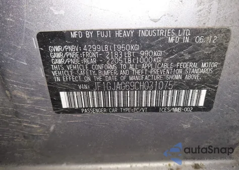 2012 Subaru Impreza 2.0I Limited из США, поврежденный, VIN JF1GJAG69CH031075